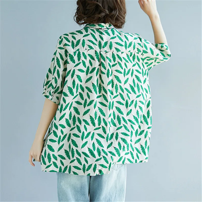 

BIG SIZE 4XL Summer Women Fashion Elegant Leaf Print Tops Ladies Female Plus Large Loose Cotton Linen Blouse Shirt Blusas