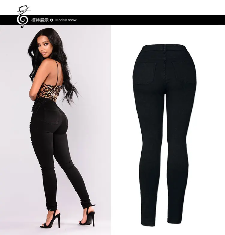Womens Pencil Pants Stretch Casual Look Denim Skinny Boyfriend Pants High Waist Black Trousers Women