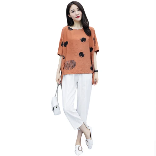 

Fashion Loose 2019 Pocket Two Piece Set Print Brief Irregular 2 Pcs Set Cotton Linen Casual Vintage Women's Sets