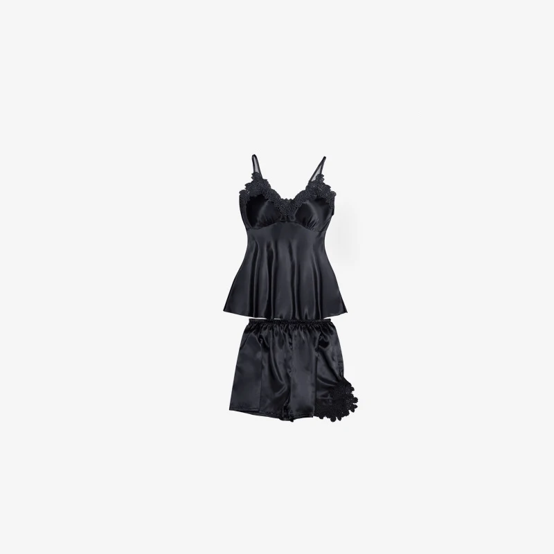 Black 2 Женские пижамные комплекты из 5 предметов, атласные шелковые полосатые пижамы из вискозы, женские сексуальные кружевные пижамы, комплекты ночного белья без рукавов - Цвет: Black 2