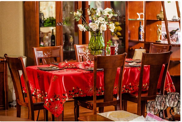 Брендовая Рождественская пластиковая сатиновая красная скатерть с вышивкой