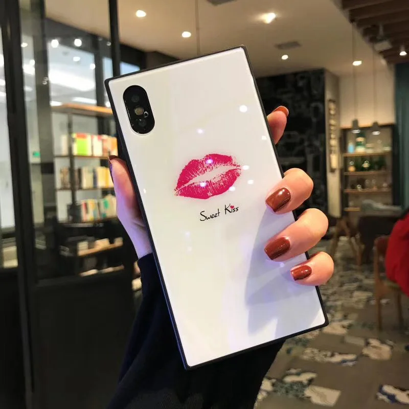 Квадратное закаленное стекло чехол для телефона iphoneX 8 8plus Blue Ray Red Lips стеклянный