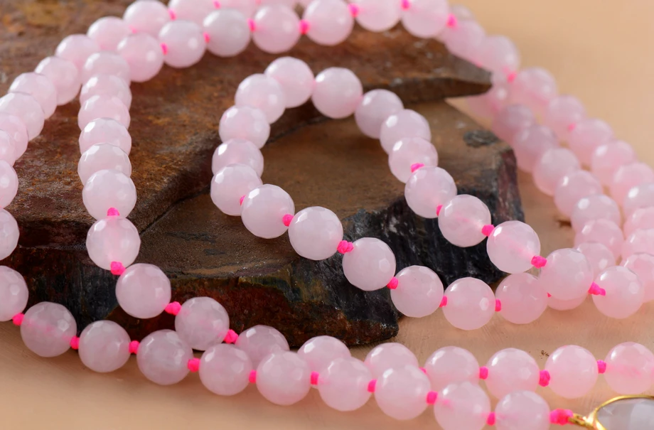 Women Beads Knotted Necklace 8MM Faceted Pink Quartz Lariat Luxury Bohemia Jewelry | Украшения и аксессуары