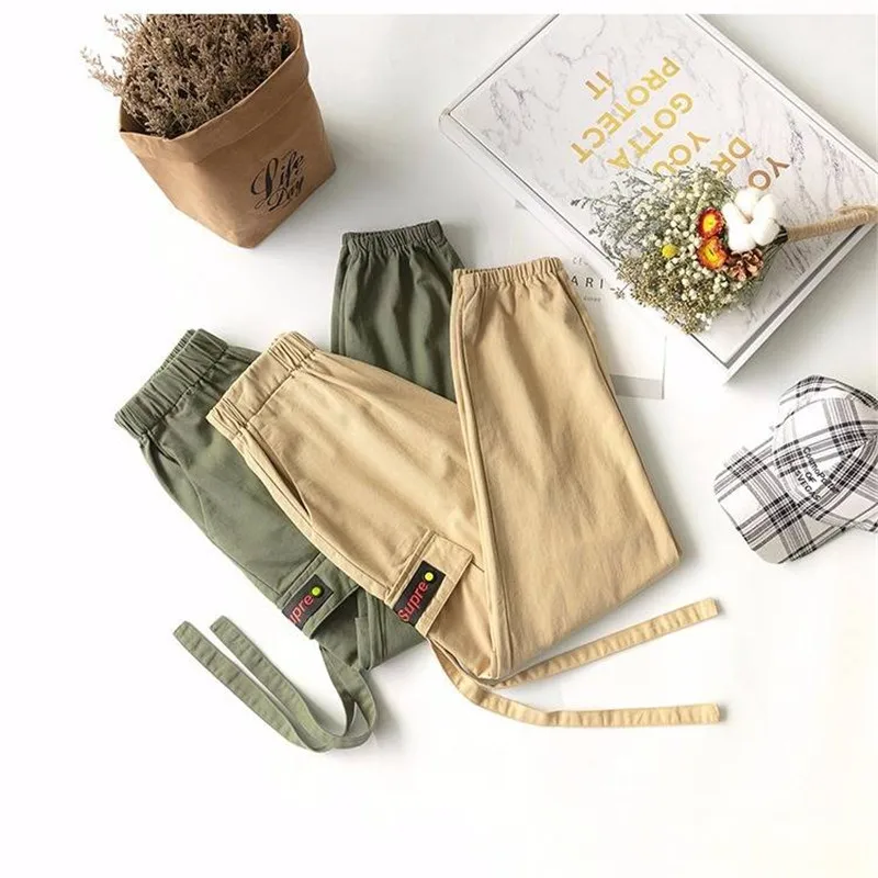 

Black Cargo Pants Streetwear Women Fashion 2019 Pockets Patchwork Hippie Trousers Japan Hip Hop High Waist Streetwear Pants Girl