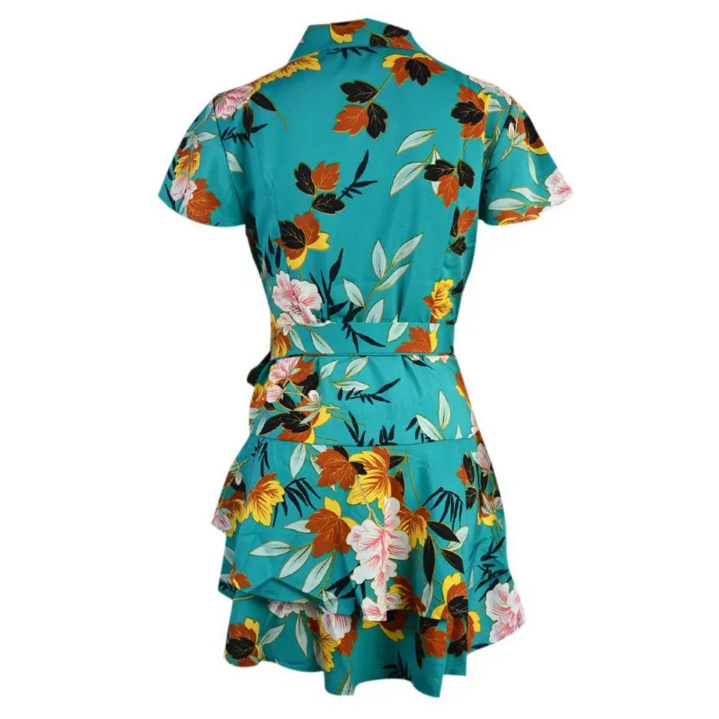 

National Style Flower Print Women Summer Deep-V Ruffled Short Sleeve Slim Retro Dress