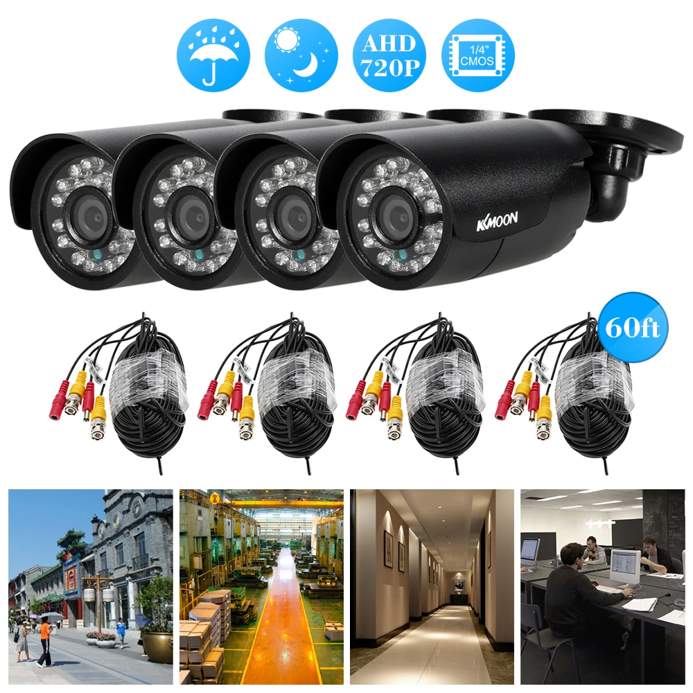

KKmoon 4pcs 720P AHD Bullet Camera 60ft Surveillance Cable Support IR-CUT Night Vision 24pcs Infrared Lamps 3.6mm Home Security