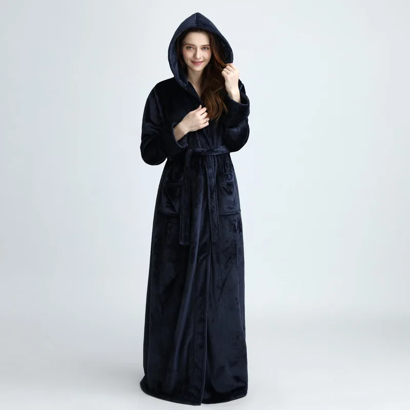 Navy blue Women Теплый фланелевый Халат с капюшоном для женщин и мужчин, очень длинный теплый зимний банный халат, халат для подружки невесты - Цвет: Navy blue Women