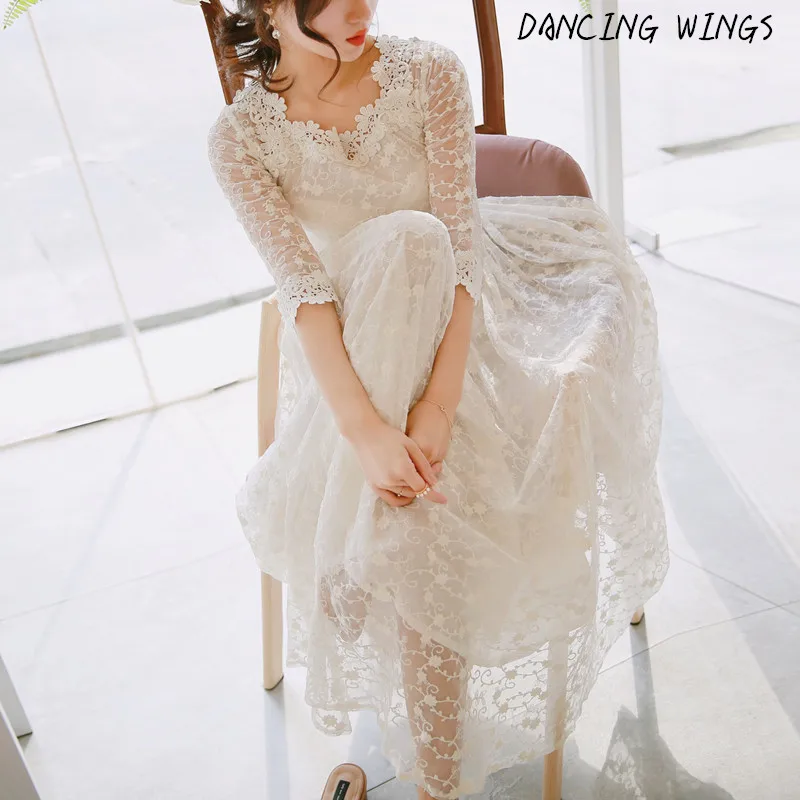 

Summer Hot Dress 2022 Women Lace Dress Hook Flower Hollow Out Half Sleeve Vestido Sexy V Neck Summer Long Dress Boho