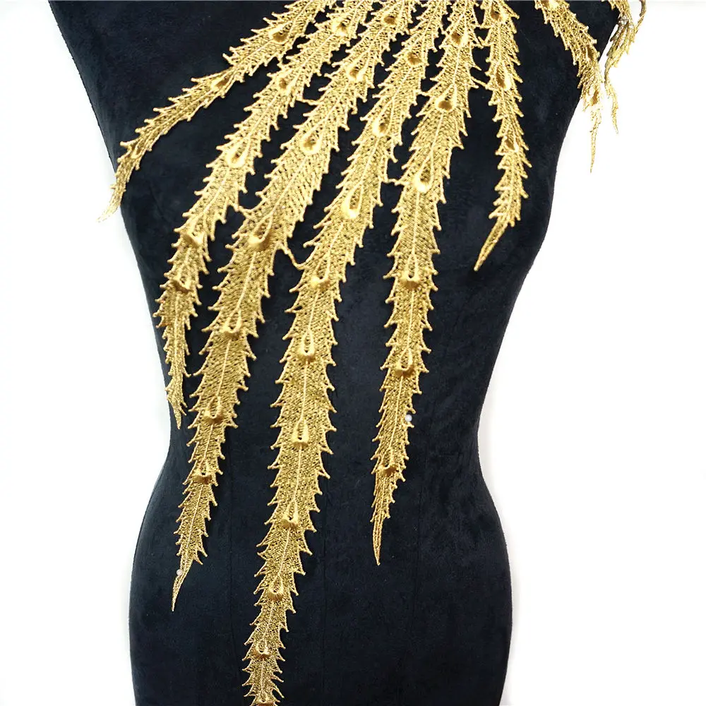 Золотая ткань кисточки листья Аппликации вышитые свадебные нашивки воротник
