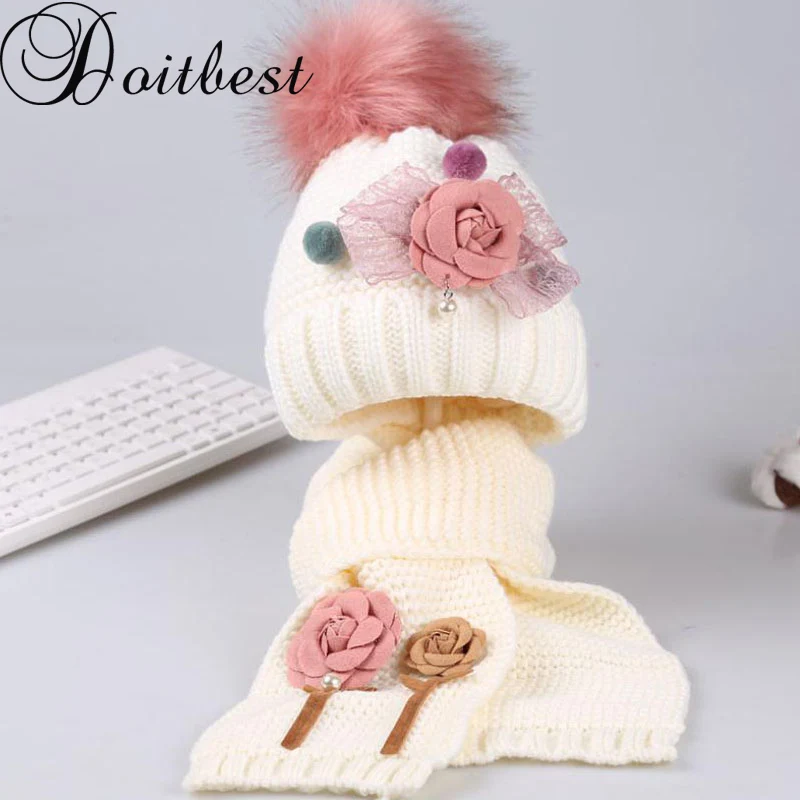 Doitbest/комплекты hailball beanies с цветочным принтом для детей от 3 до 8 лет, бархатные шерстяные вязаные меховые шапки для мальчиков, зимний комплект из 2 предметов, шарф и шапка для маленьких девочек