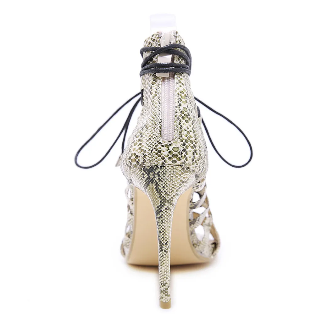 Sandalias Mujer/Модные женские пикантные туфли из змеиной кожи с открытым носком и