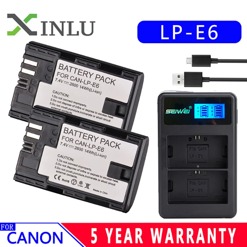 Аккумулятор LP E6 LPE6 E6N 2600 мАч + двойное зарядное устройство со светодиодной