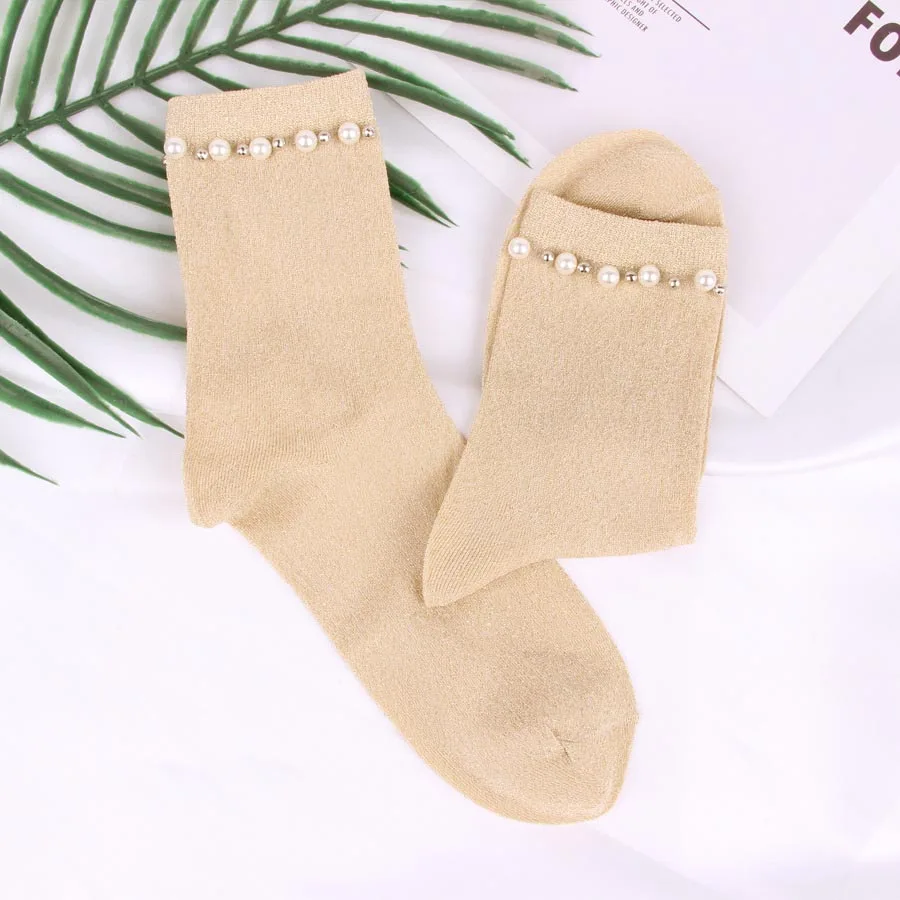 Носки женские винтажные блестящие ручной работы с жемчугом|calcetines mujer|female sockspearl