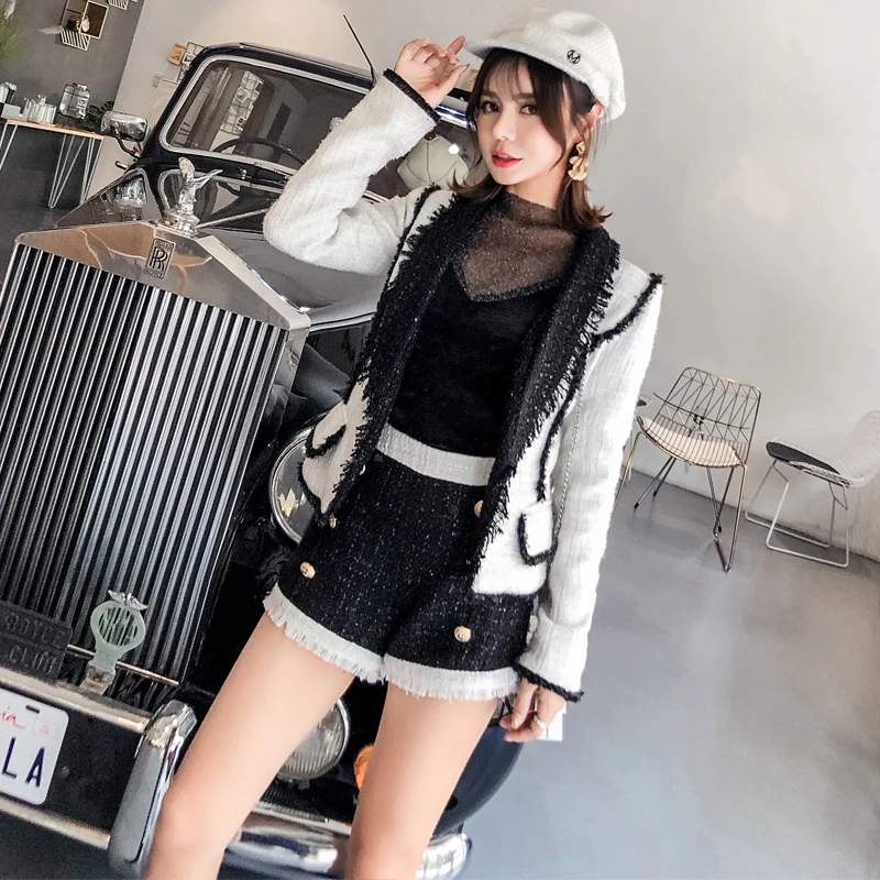 Винтажный хит, цвет, твидовый жакет, набор,, зимний, элегантный, v-образный вырез, толстая, с кисточками, Женский блейзер, пальто+ золотой, львиная пуговица, шерсть, короткий костюм