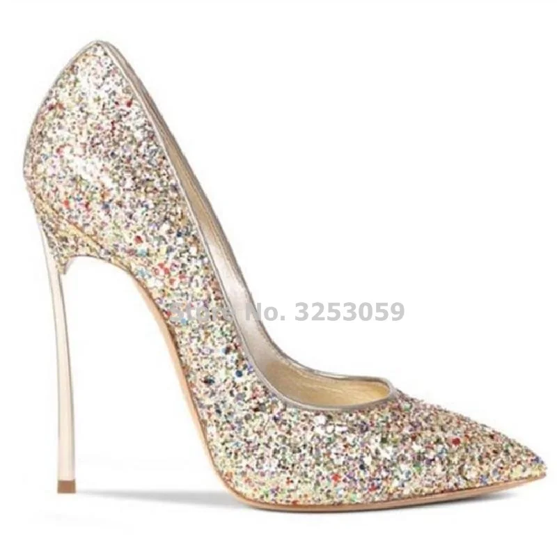 

ALMUDENA Bling Bling Red Silver Colorful Sequined Wedding Shoes 12cm Metal Thin High Heels Banquet Shoes Shining Paillette Pumps