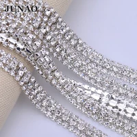 junao 1 yard 3 row clear silver glass rhinestones trim chain sewing crystal ribbon applique strass banding for clothes