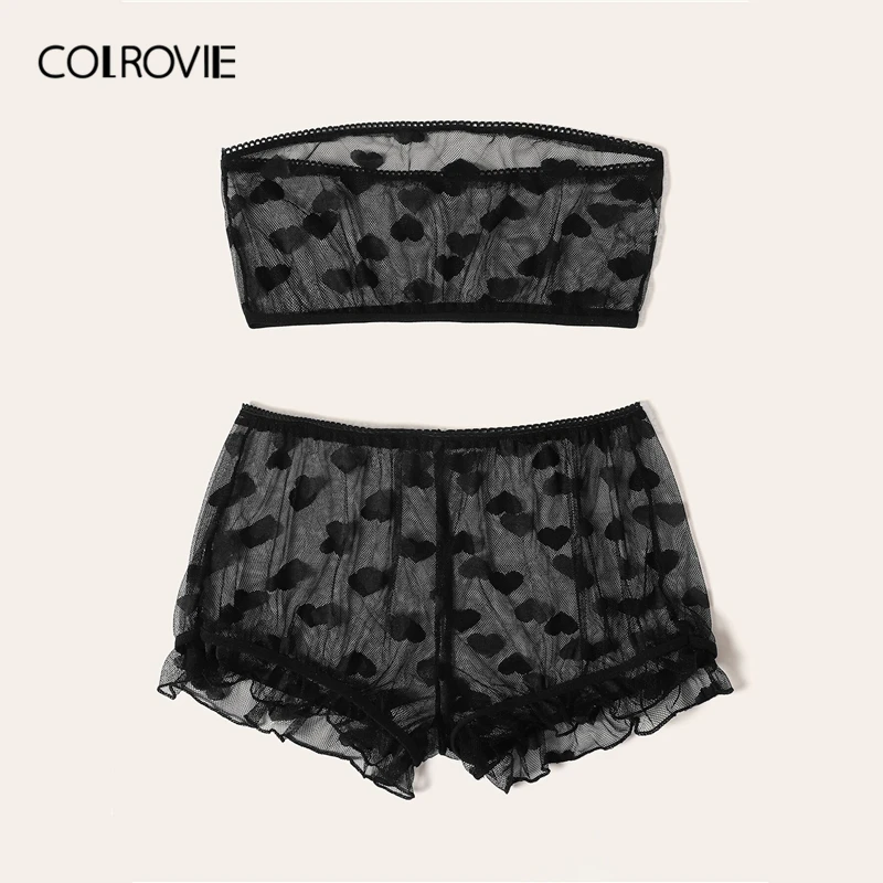 COLROVIE, черный, без бретелек, с узором в виде сердца, с оборкой, прозрачное сексуальное женское белье, набор, женское нижнее белье,, прозрачное нижнее белье, бюстгальтер и трусы