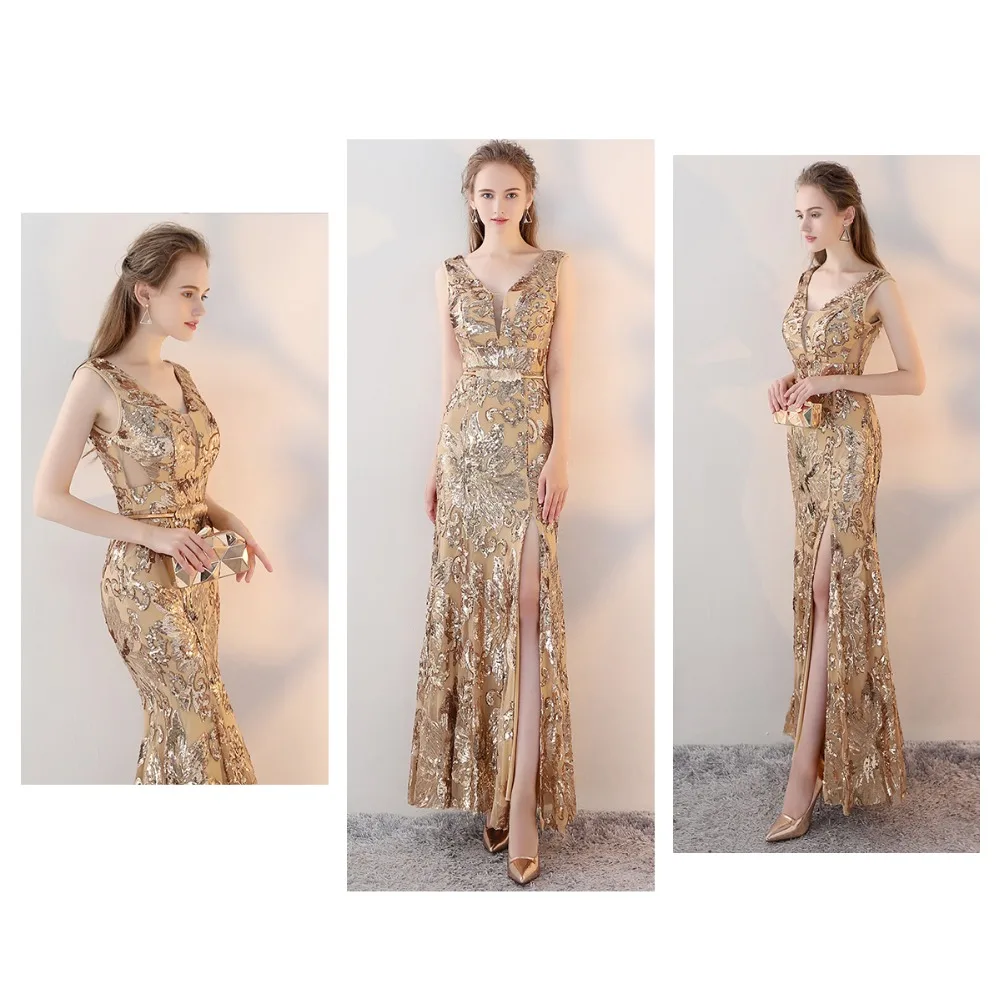 VKBRIDAL Rose Gold Sequined Mermaid Stretchy Long Bridesmaid Dresses with Side Slit Plus Size Formal Party Prom Gowns for Women | Свадьбы и