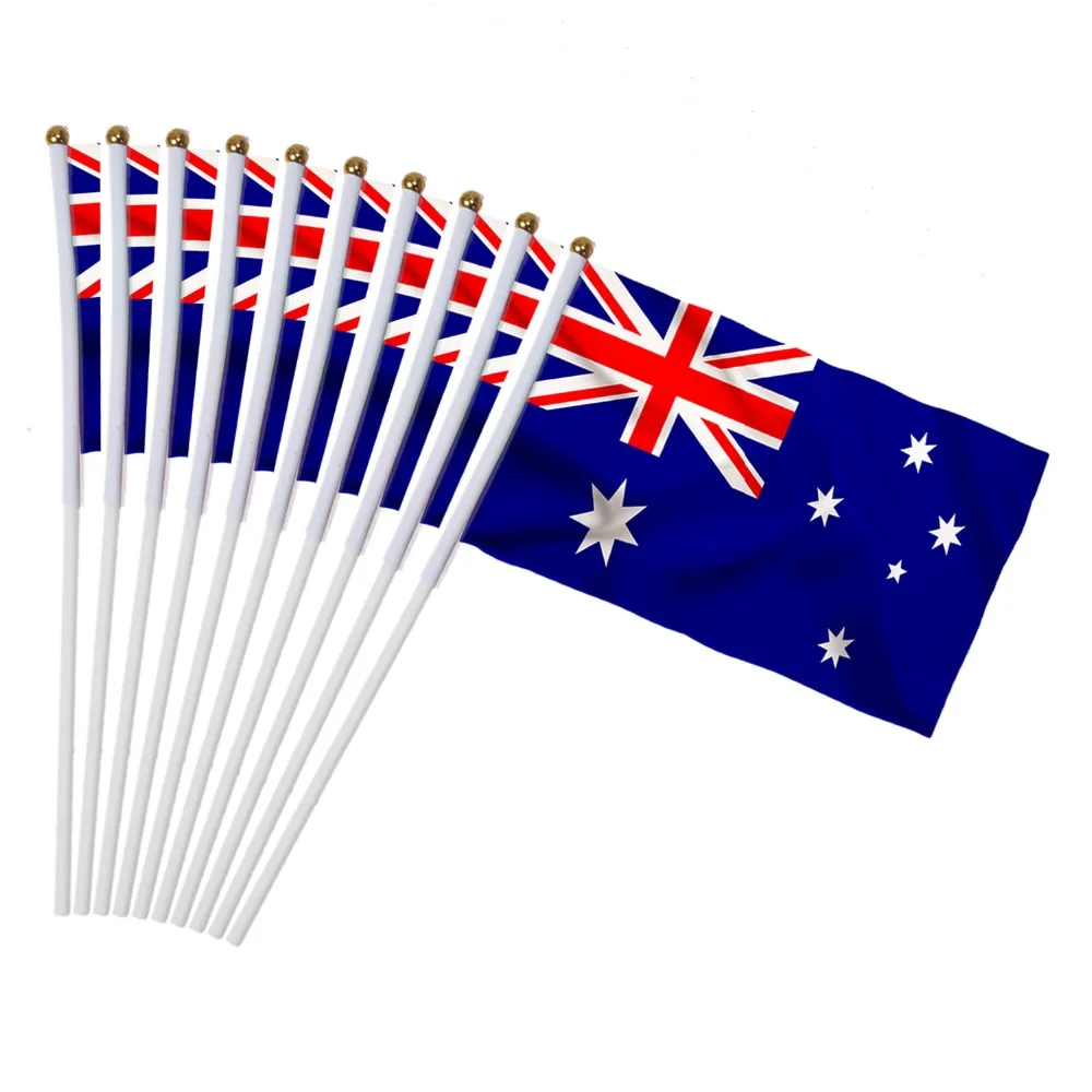 

14x21cm 10pcs Australian National Flag hand waving flags with Plastic Flagpoles Activity parade Sports Home Decoration NC004