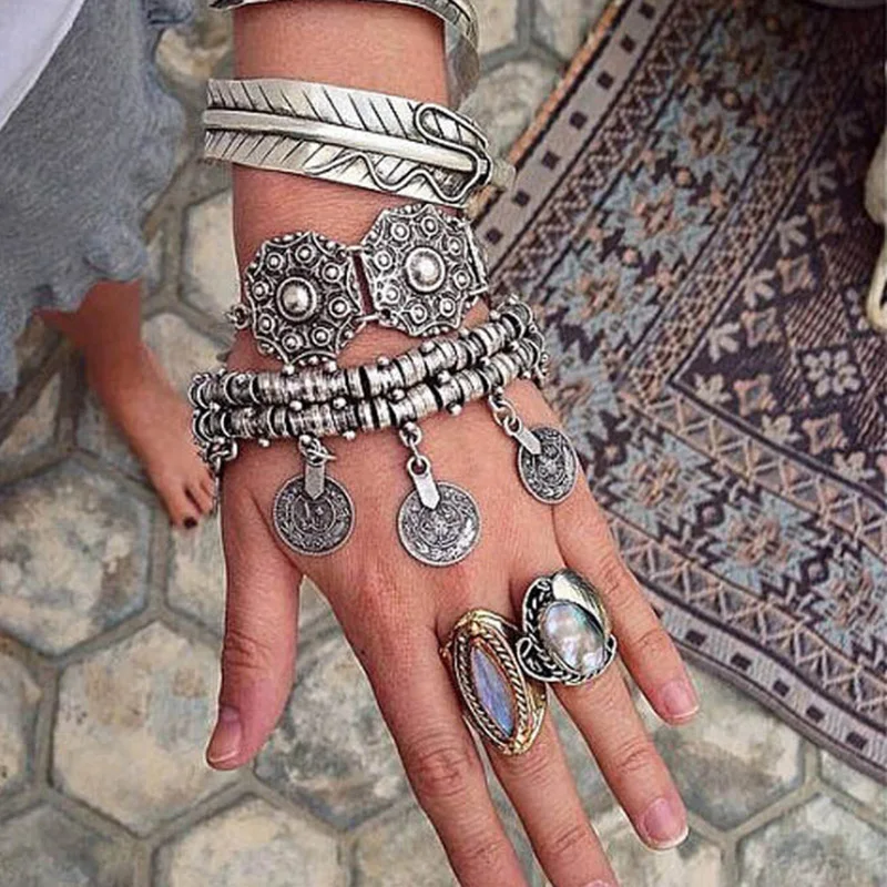 Новая Мода Турецкий богемный этнический винтажный резной серебряный браслет из