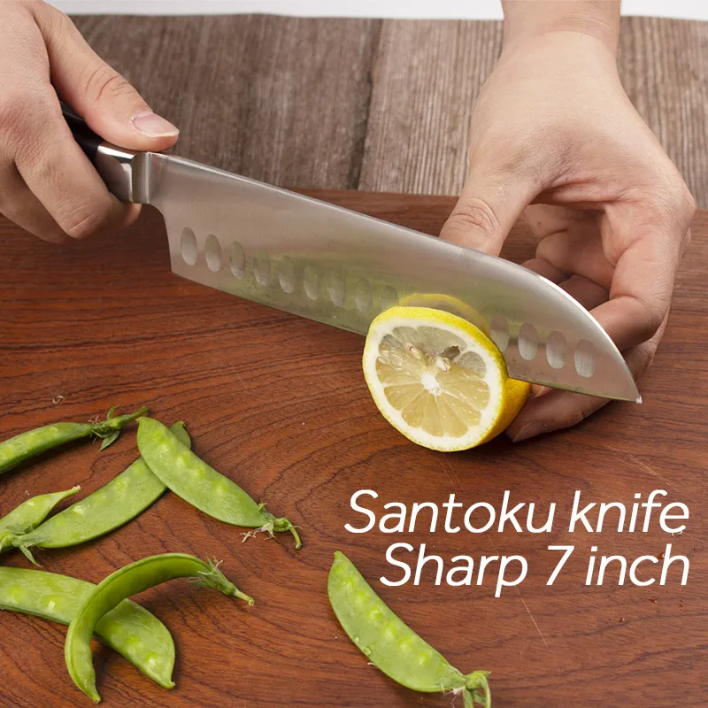 Острые кухонные ножи Santoku 7 дюймов с черной витражной деревянной ручкой