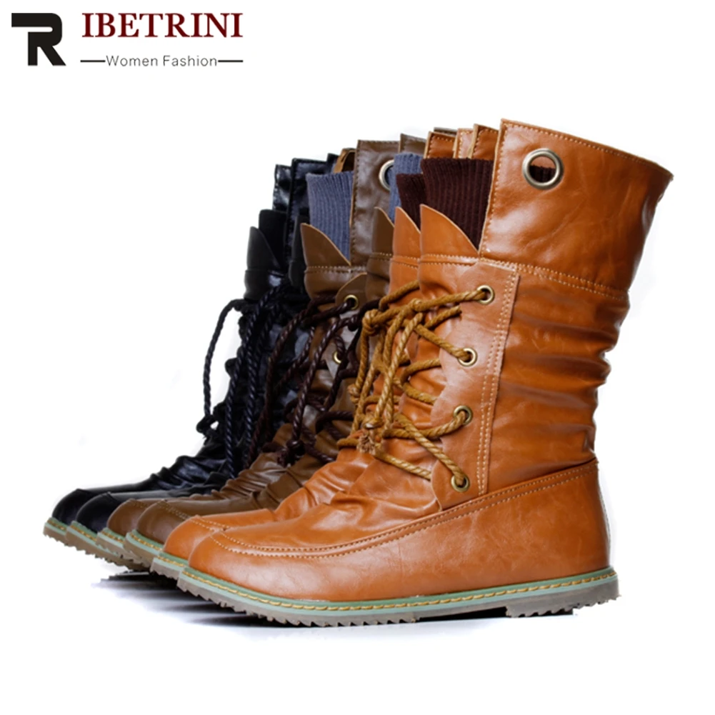 RIBETRINI/женские мотоциклетные ботинки martin, большие размеры 34-48 зимняя обувь на меху на плоской платформе женские зимние сапоги до середины колена на шнуровке