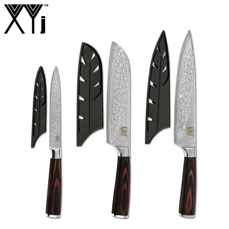 F.3Pcs Set and cover XYj 7 шт. набор кухонных ножей из нержавеющей стали дамасский узор лезвие точилка для ножей бар 8 ''держатель для ножа Приготовление Инструмент аксессуар - Цвет: F.3Pcs Set and cover