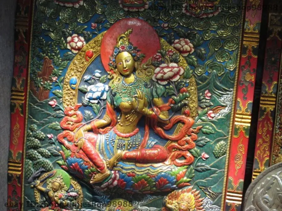 Бесплатная доставка Тибетский храм дерево резная окрашенная Зеленая Тара