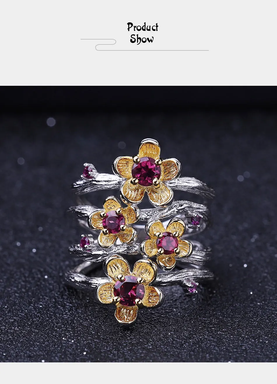 GEM'S балетное 925 пробы Серебряное кольцо ручной работы 0.96Ct натуральный родолит гранат цветок сливы кольца для женщин ювелирные украшения