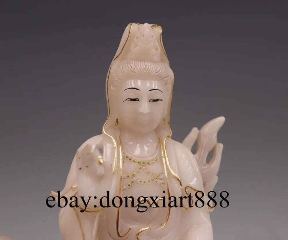 13&quot Chinese White Stone Jade Painted Dragon Kwan-yin Bodhisattva Guanyin Statue | Дом и сад