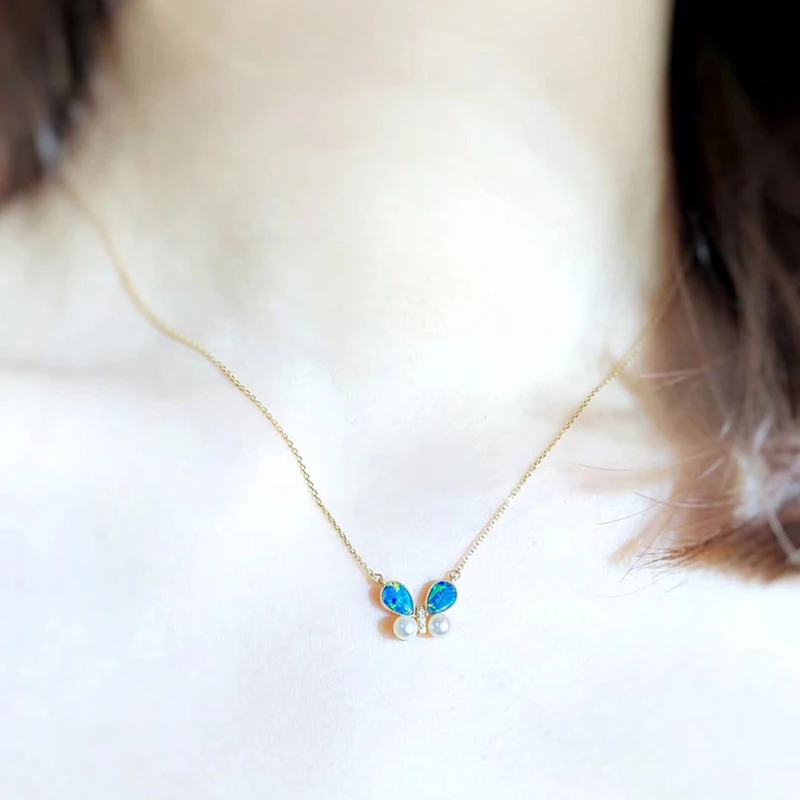 Aazuo 18K Yellow Gold Opal Akoya Pearl Butterfly Necklace Natual Blue Opalgifted for Women Valentine's Day Gift Link Chain | Украшения