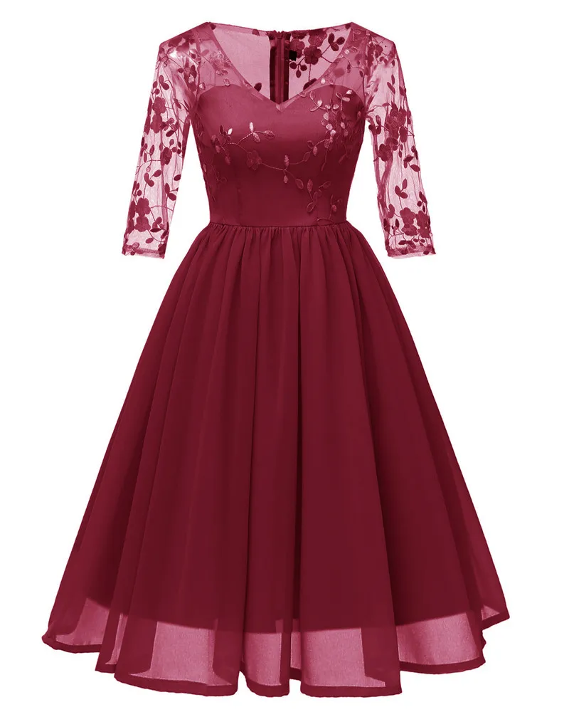 Wine red LSYCDS, сексуальные прозрачные шифоновые женские платья с v-образным вырезом, рукав 3/4, плиссированное женское платье, вечерние платья в винтажном стиле с вышивкой, Сетчатое платье - Цвет: Wine red