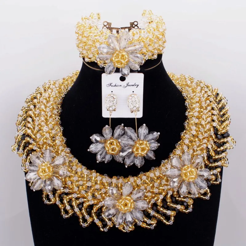 4 UJewelry золото комплект ювелирных изделий с прозрачными серебряными цветами Дубай