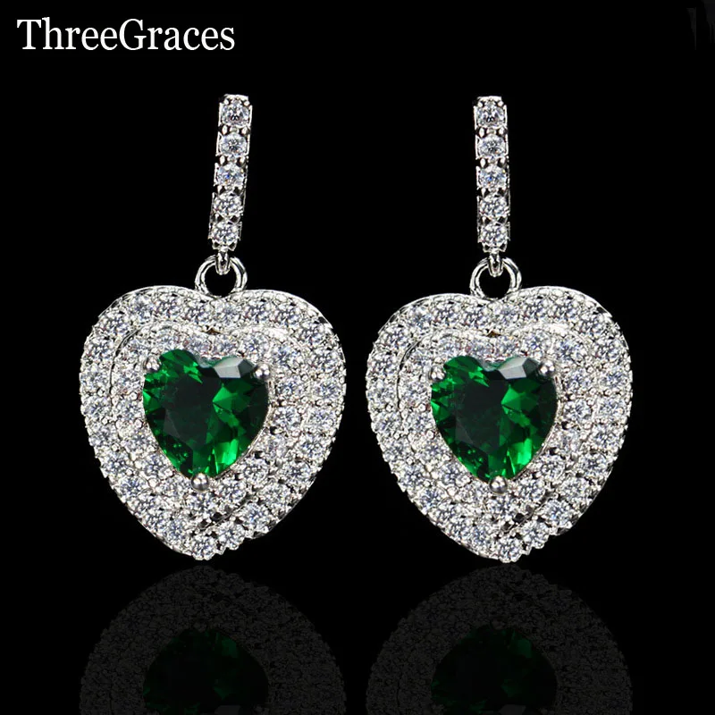 green ThreeGraces, идеальная 925 пробы, серебро, CZ камень, проложенный фиолетовым кристаллом, большое сердце, висячие серьги для Святого Валентина, ювелирное изделие, подарок ER303 - Окраска металла: green