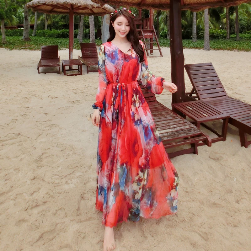 Платье женское длинное Пляжное с треугольным вырезом и длинным рукавом | Женская