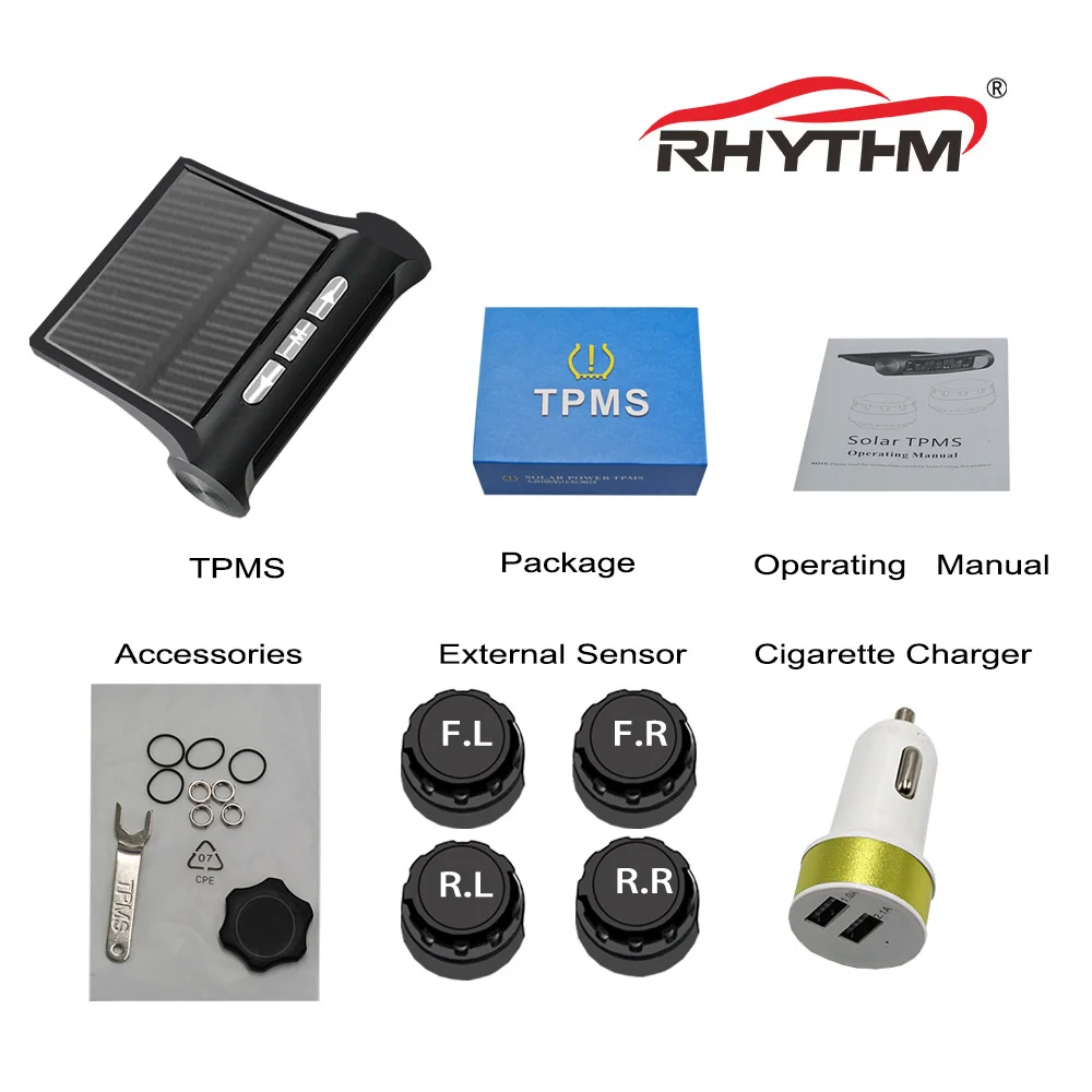 Car TPMS Wireless Tire Pressure Monitor Alarm System+4 External Sensor Tyre Detector Real-time Monitoring Solar/USB Charge Power |