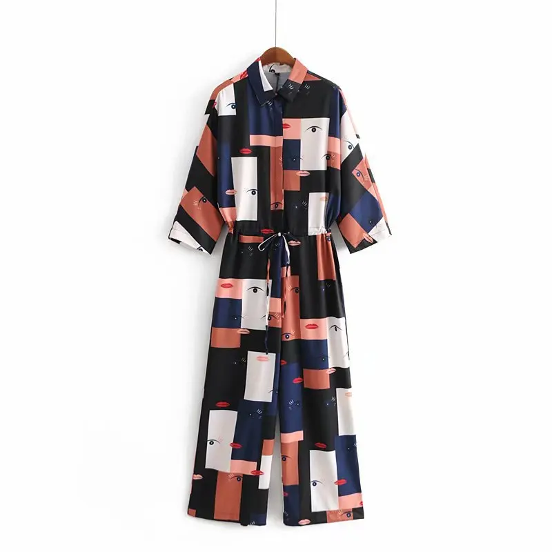 

2019 Women Jumpsuit Romper Print Elegant Belt Bandage Long Sleeve V Neck Casual Wide Leg Pant Jumpsuit Overalls Ladies Straight