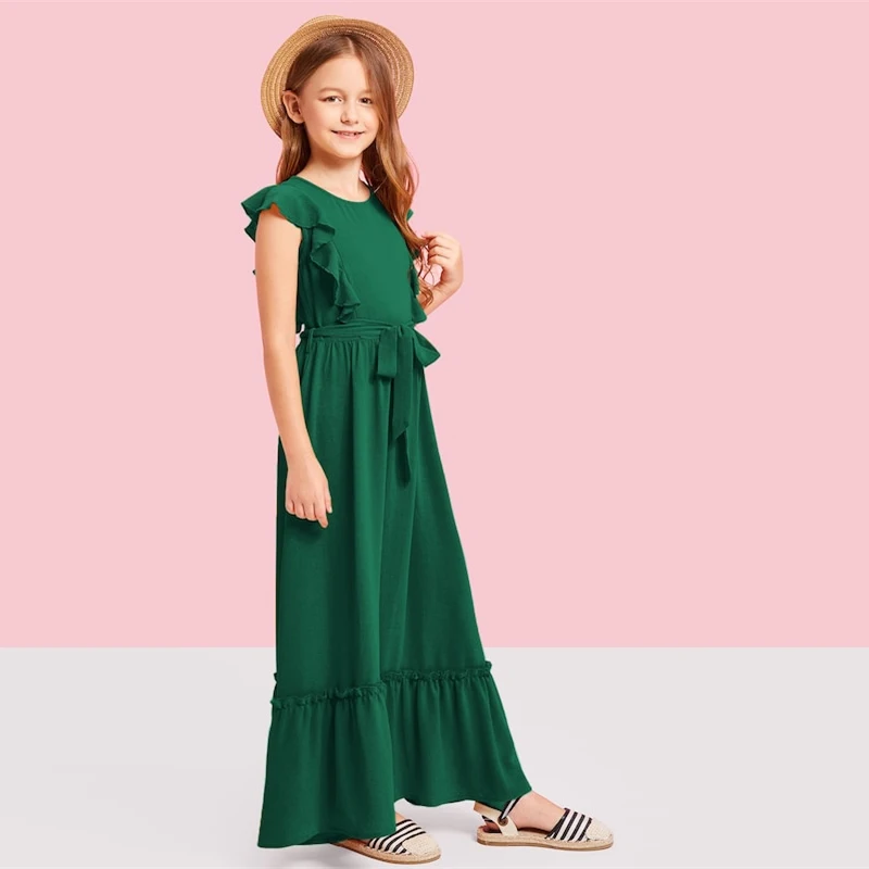 SHEIN Kiddie/Бордовое платье на молнии с рюшами сзади для девочек-подростков; вечерние платья макси для девочек; коллекция года; сезон лето; зеленое платье трапециевидной формы без рукавов для девочек