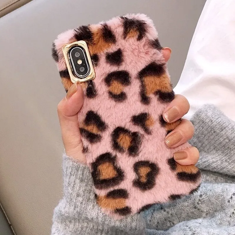 Pink Leopard Милый пушистый кроличья шерсть меховой чехол для телефона для iPhone X XS Max XR 8 7 6 6S Plus Леопардовый принт чехол милый теплый Блестящий Мягкий ТПУ чехол - Цвет: Pink Leopard