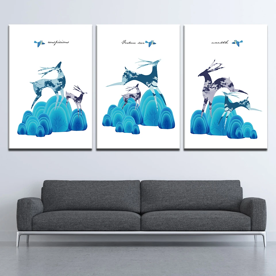 

Canvas Painting abstract blue deer simple style 3 Pieces Nordic Wall Art Painting Modular Wallpapers Poster Print Home Decor