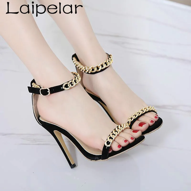 

High Heel Sandals 2018 Fashion Metal chain Buckle Strap Stiletto Pumps Women High Heels Party Wedding Shoes Woman Laipelar