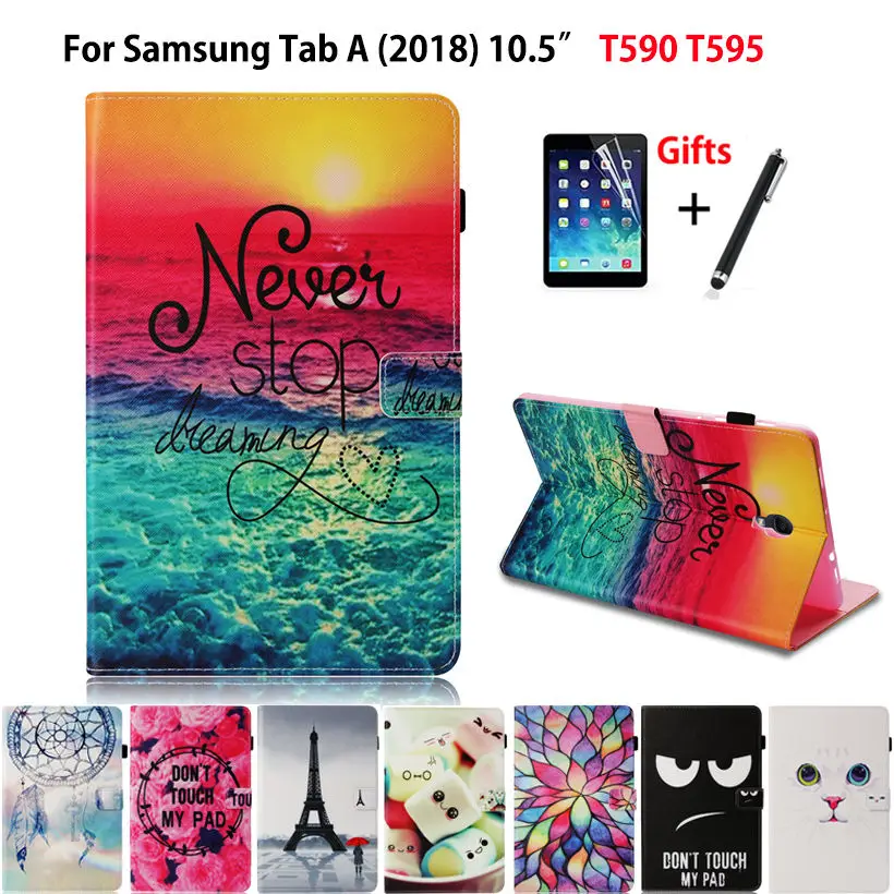 

SM-T590 чехол для Samsung Galaxy Tab A A2 2018 10,5 "T590 T595 T597 Модный чехол-подставка + стилус + пленка