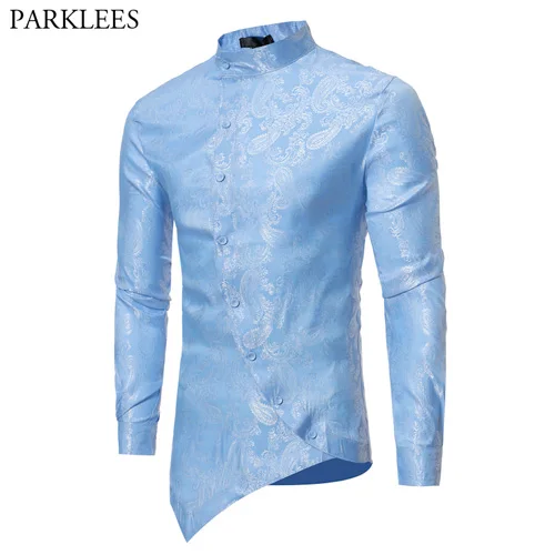 Light Blue Мужская рубашка с узором пейсли,, необычная, Косой Подол, светская рубашка, мужская повседневная рубашка на пуговицах, приталенная рубашка с длинным рукавом, Chemise Homme - Цвет: Light Blue