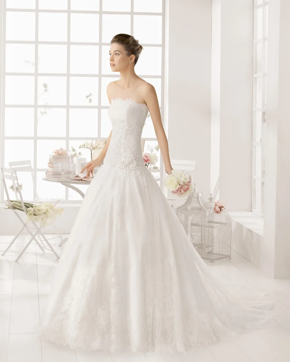Elegant Vestidos De Noiva Ivory White Tulle Lace Wedding Dresses Long A Line Bridal Gown Strapless Free Shipping | Свадьбы и
