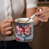classical rose bone china mug creative breakfast milk mug coffee cup large capacity personalized water mug tea cup with spoon