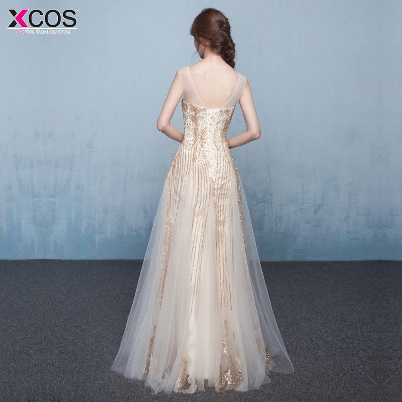 Vestidos largos Xcos женские элегантные цвета шампанского золотое платье с блестками