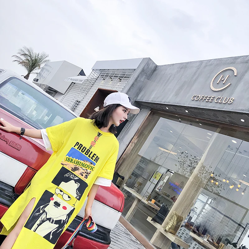 Vefadisa Character Pattern Print Dress 2018 Robe Femme Ribbon Decoration Women Asymmetric Plus Size Split AD1804 | Женская одежда