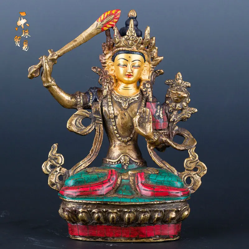 

Manjusri Buddha of Tibetan Tantric carry small Buddha Manjusri Bodhisattva wisdom gold ornaments 5 inch