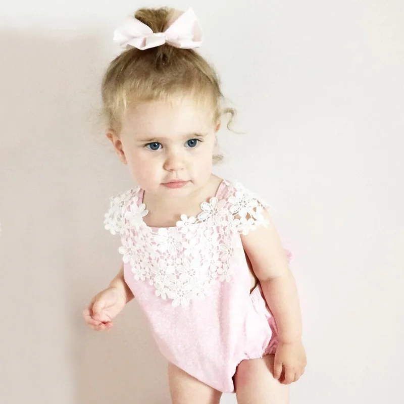 2017 Летом Новорожденных Девочек Детский Комбинезон Розовый Цвет Кружева Цветок
