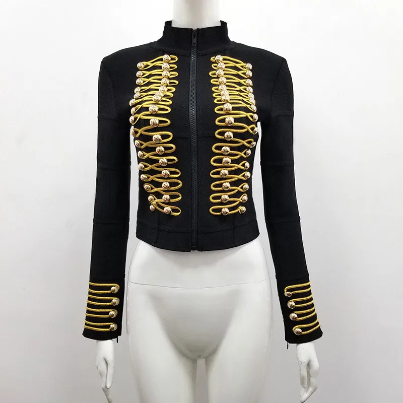 Высокое качество Черный с длинным рукавом Кнопка район Тонкий Bodycon бинты Топ для женщин куртки - Цвет: Black